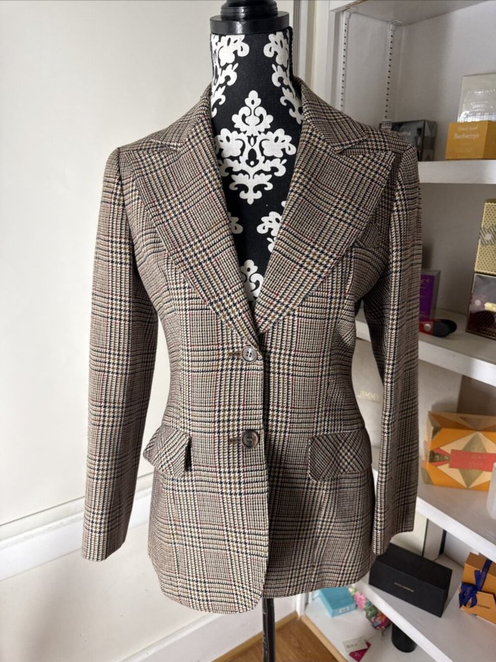 VINTAGE Jones New York Blazer Jacket Womens 10 Black Plaid Wool Made in USA 70’s